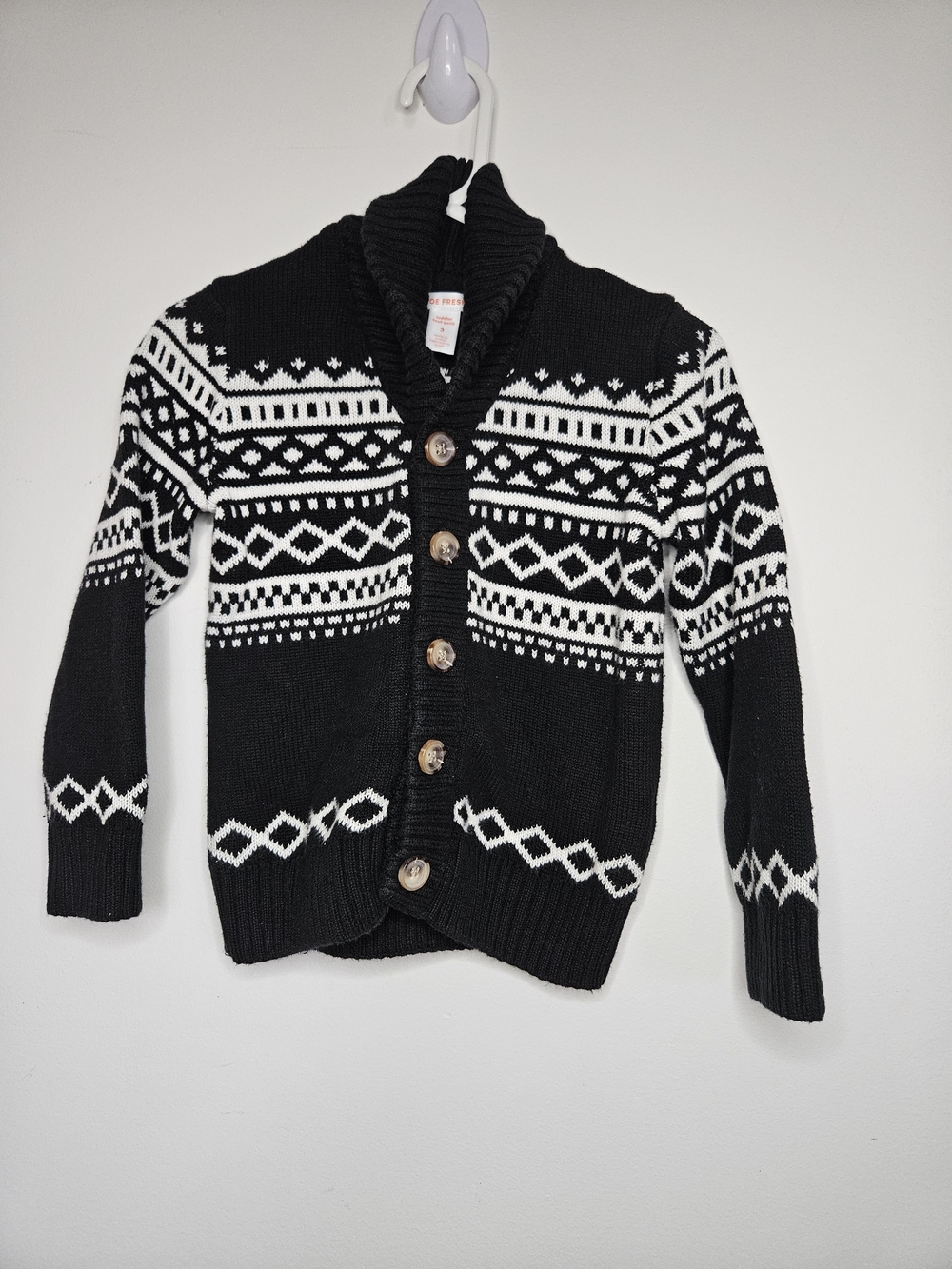 Joe Fresh Toddler Nordic Geometric Knit Shawl Collar Cardigan Black White Size 3